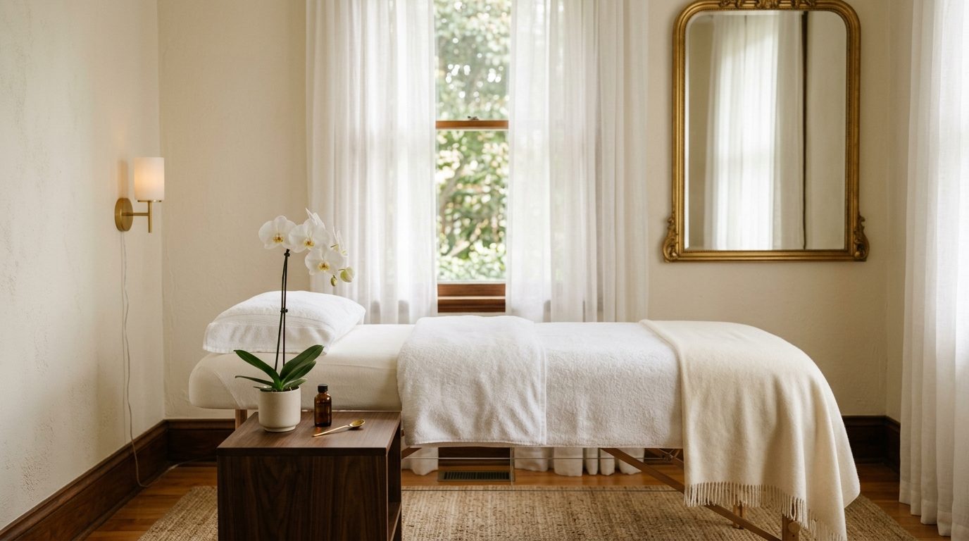 Rustige behandelkamer van The Wax Specialist met witte handdoeken en een orchidee