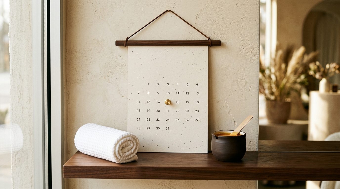 Wandkalender met gouden speld naast een handdoek en een potje wax