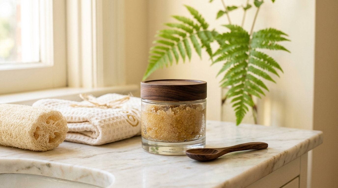 Glazen pot met suikerscrub, loofah en katoenen handdoek op marmer